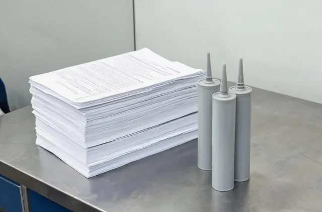 ICC-ES evaluation report binder beside sealant cartridges