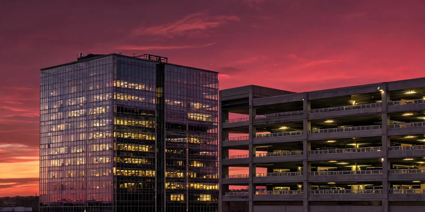 Commercial facade and parking structure skyline context