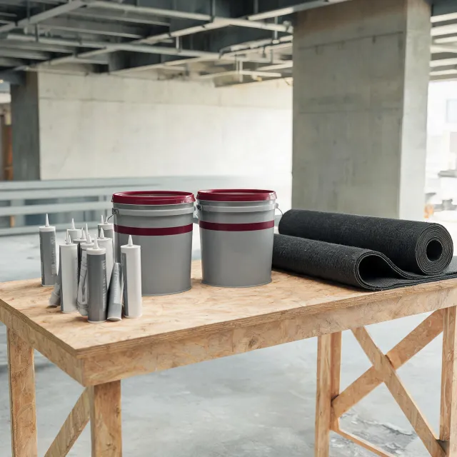 Assortment of Tremco sealant cartridges and membrane rolls on jobsite staging