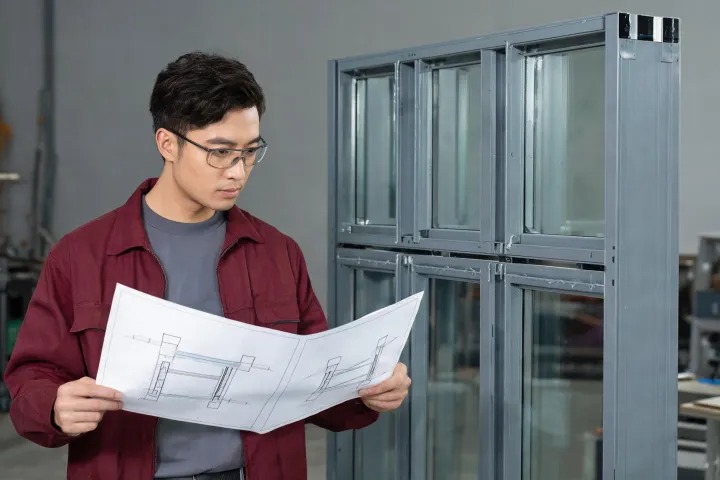 Engineer reviewing sealant joint details on a facade mock-up